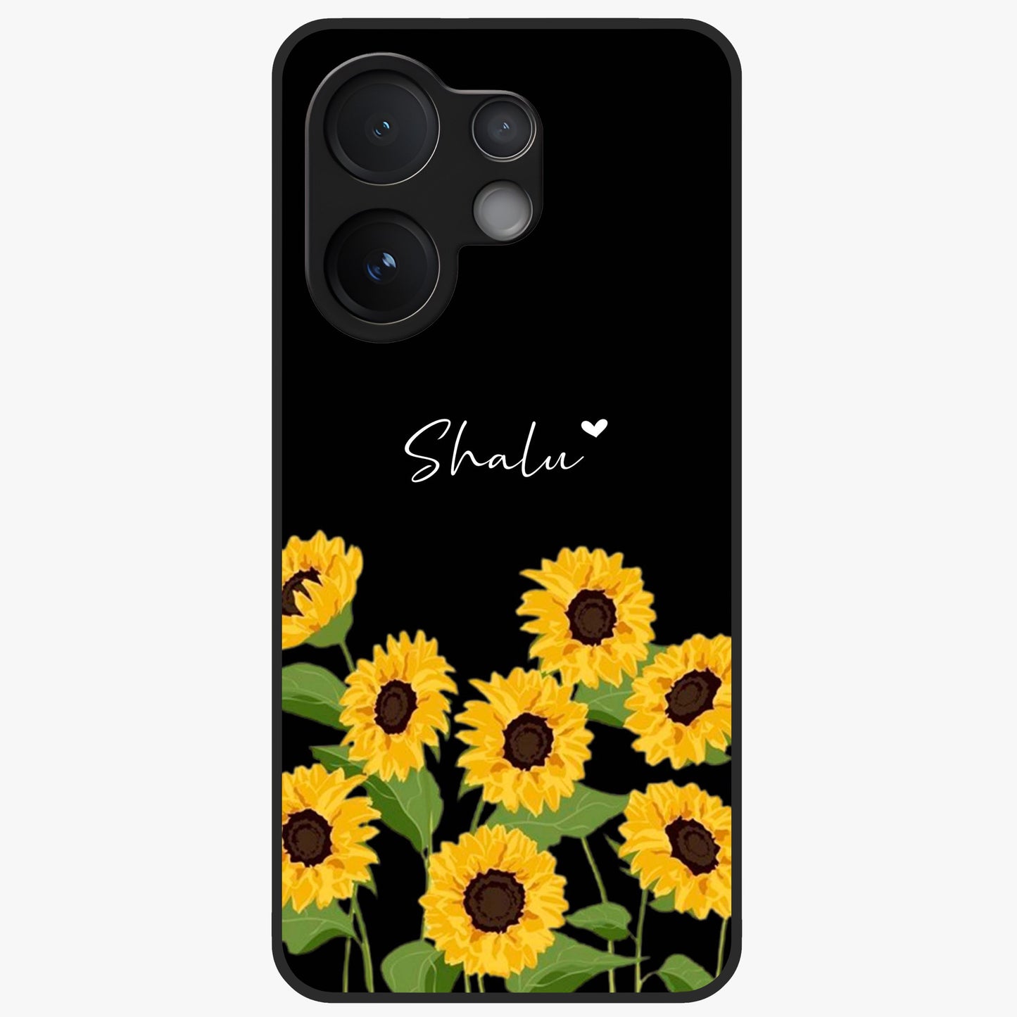 Sunflower Chic Mood Custom Name Glass Case showing flat back view with stylish sunflower artwork and personalized name design.