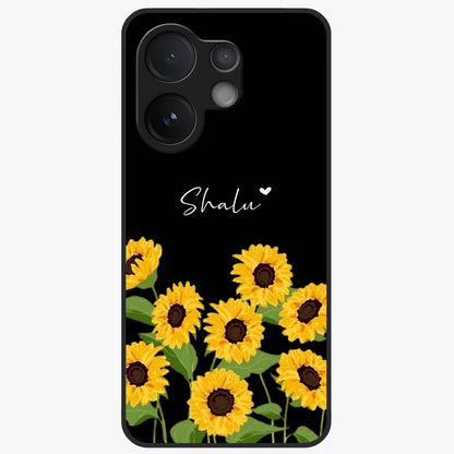 Sunflower Chic Mood Custom Name Glass Case showing flat back view with stylish sunflower artwork and personalized name design.
