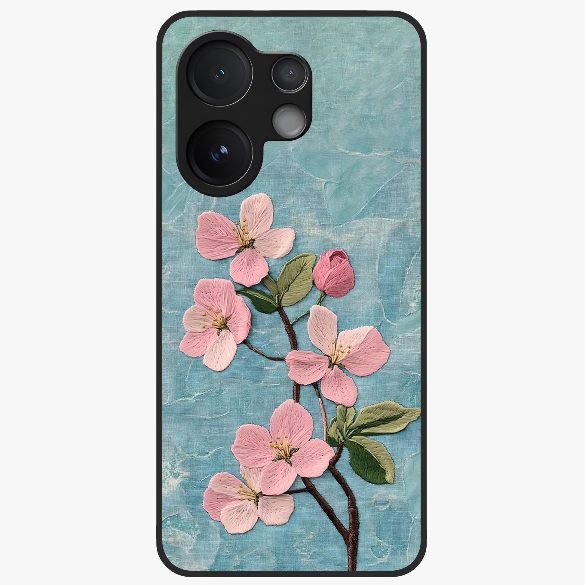 Threaded Blossom Breeze Glass Case showing flat back view with delicate blossom artwork and glossy glass finish.