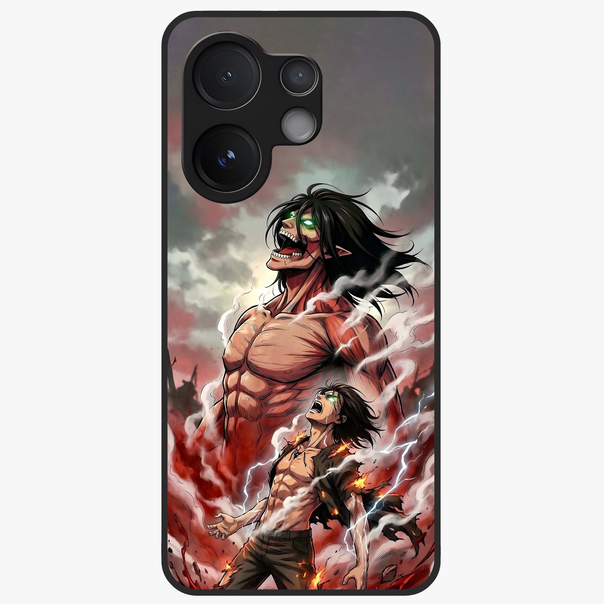 Titan Awakening Fury Glass Case showing flat back view with powerful titan inspired artwork and glossy glass finish.