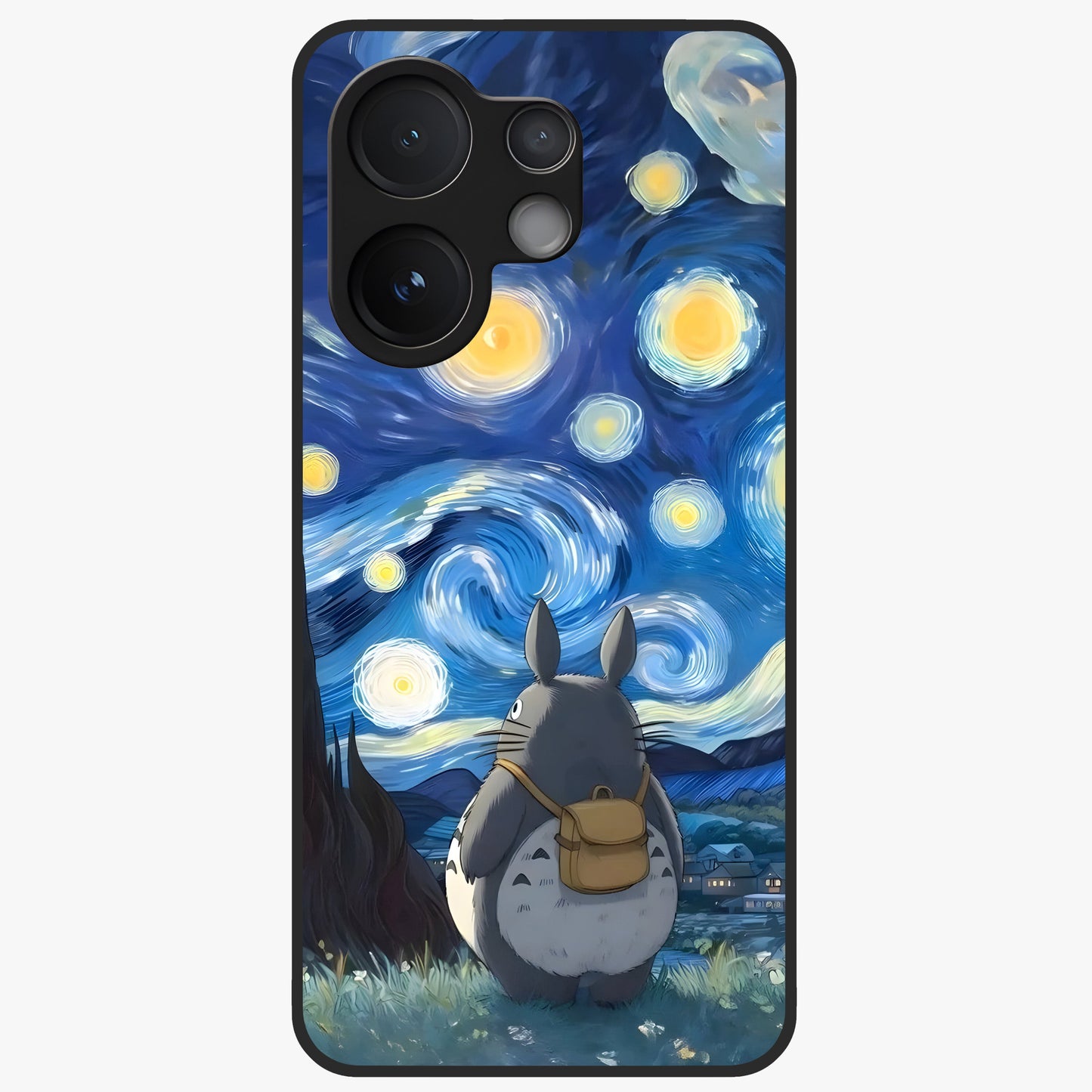 Totoro In Van Gogh Art Glass Case showing flat back view with whimsical character artwork inspired by Van Gogh style and glossy glass finish.