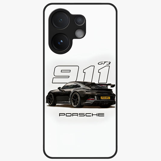 Turbo Legacy Icon Glass Case showing flat back view with iconic sports car inspired artwork and glossy glass finish.