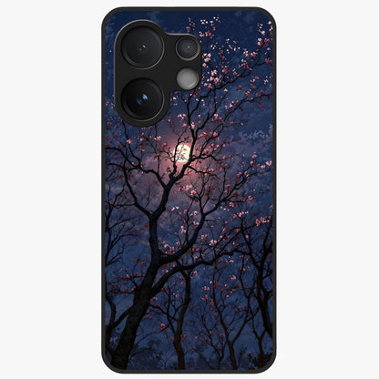 Twilight Sakura Serenade Glass Case showing flat back view with cherry blossom artwork at twilight and glossy glass finish.