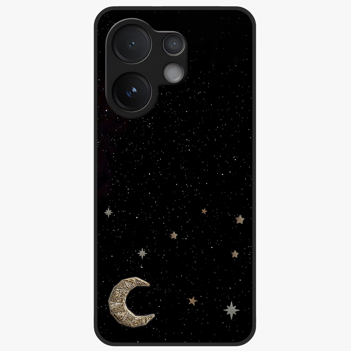 Twinkle Star With Half Moon Glass Case showing flat back view with star and half moon artwork and glossy glass finish.