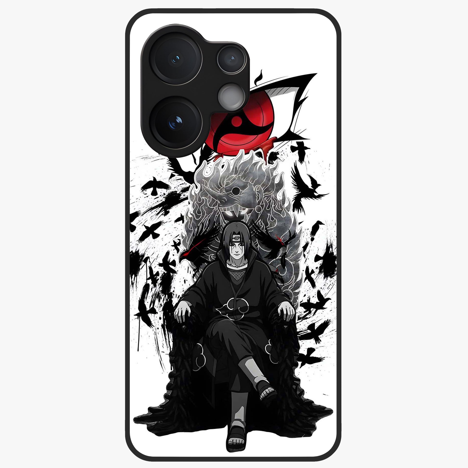 Uchiha Shadow Throne Glass Case showing flat back view with cosmic underwater themed artwork and glossy glass finish.