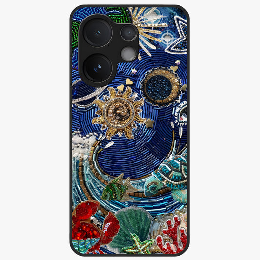 Universe Underwater Spark Glass Case showing flat back view with cosmic underwater themed artwork and glossy glass finish.
