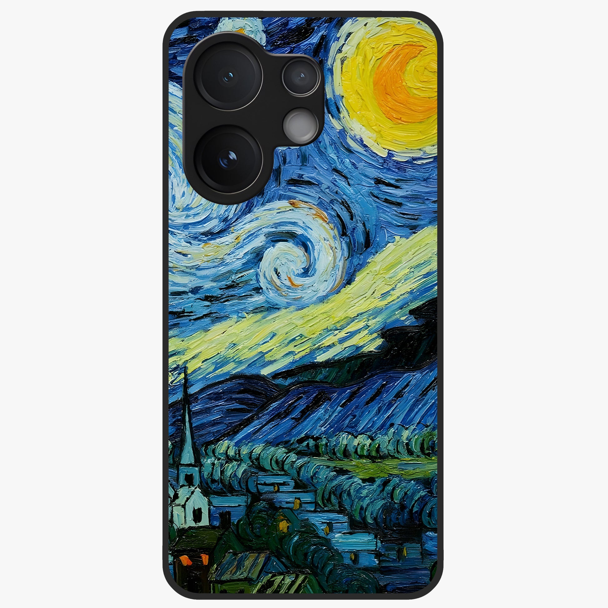 Van Gogh Art Glass Case showing flat back view with classic painterly artwork inspired by Van Gogh style and glossy glass finish.
