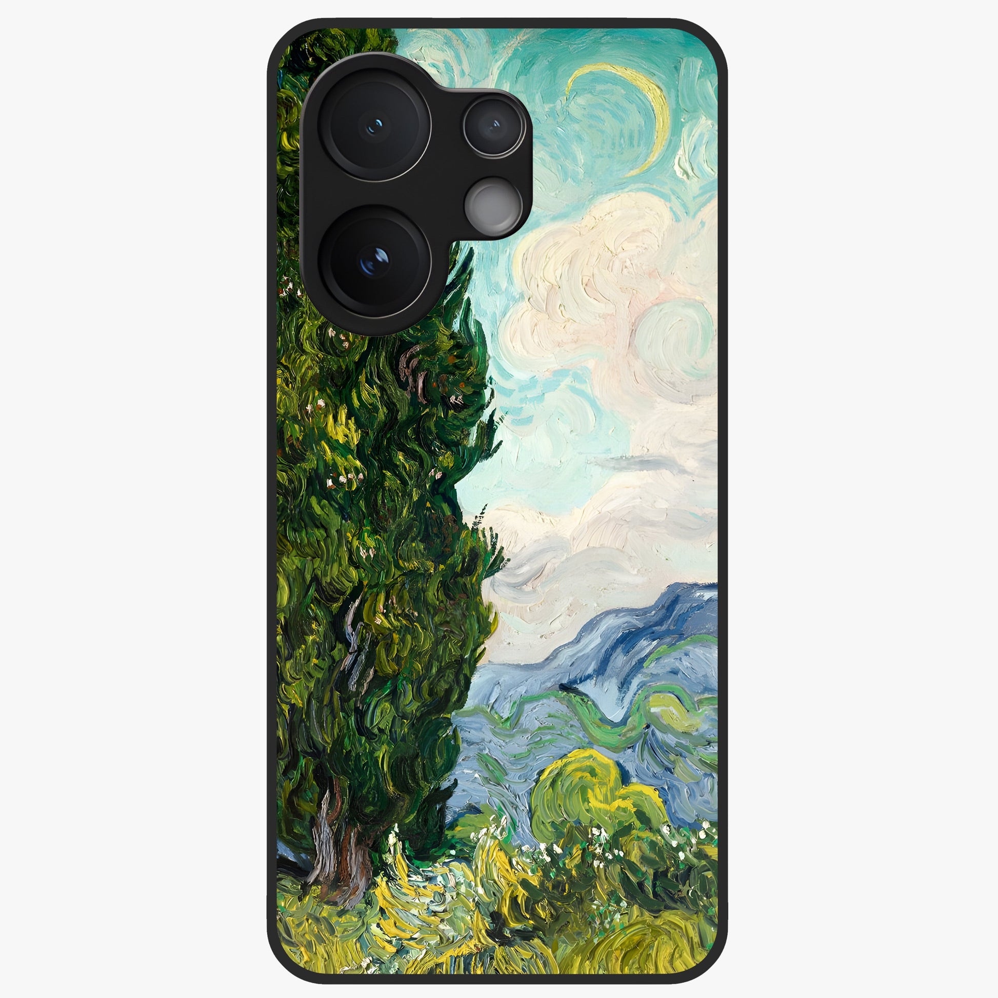 Van Gogh Vintage Art Glass Case showing flat back view with vintage painterly artwork inspired by Van Gogh style and glossy glass finish.