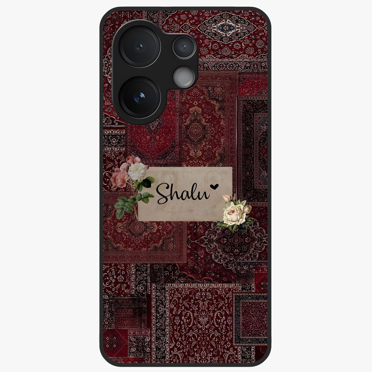 Velvet Wine Pattern Custom Name Glass Case showing flat back view with elegant wine colored pattern artwork and personalized name design.