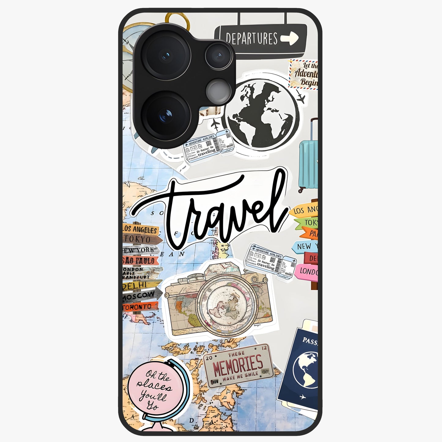 Wanderlust Journal Glass Case showing flat back view with travel inspired artwork and glossy glass finish.