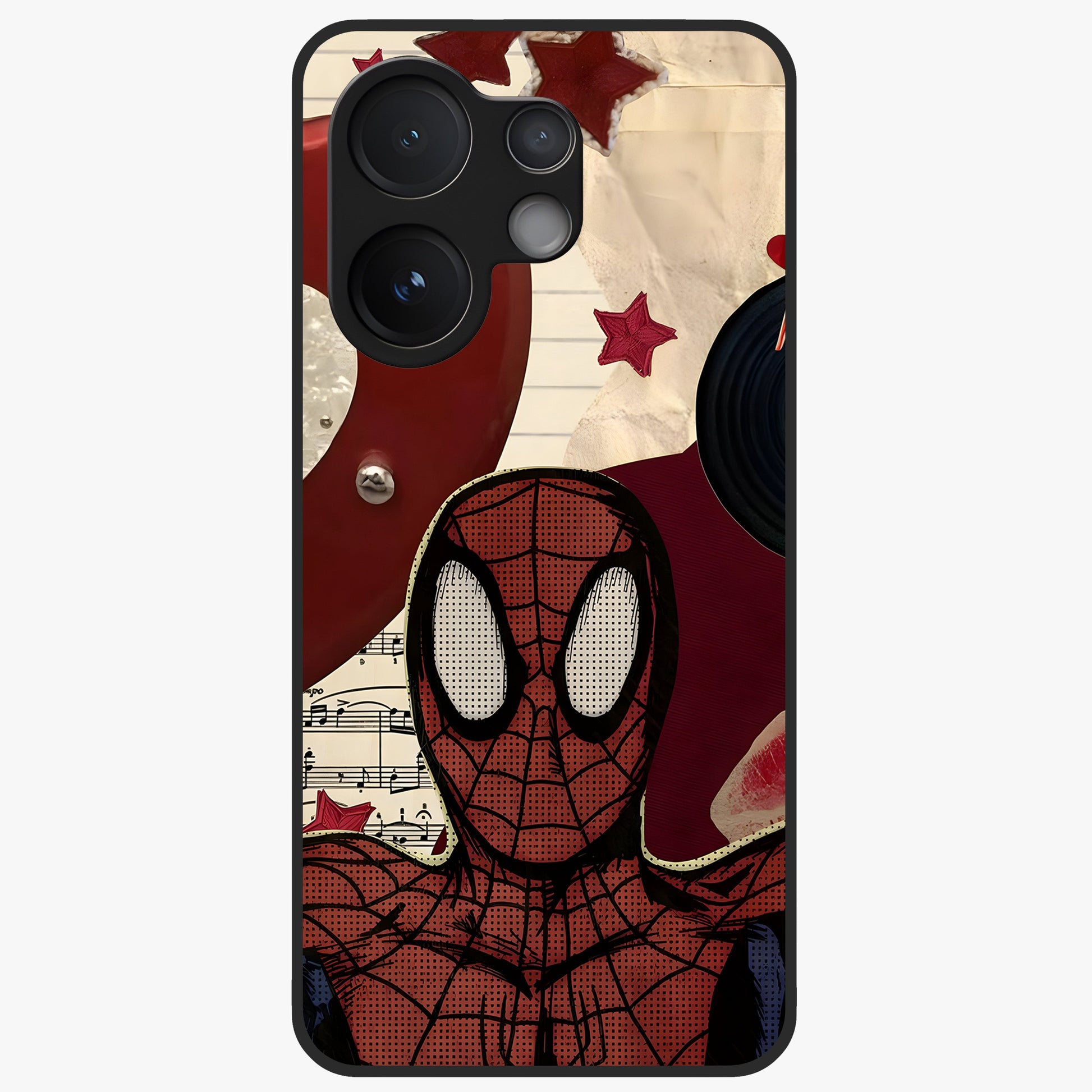 Web Warrior Vibes Glass Case showing flat back view with superhero inspired web themed artwork and glossy glass finish.