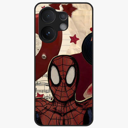 Web Warrior Vibes Glass Case showing flat back view with superhero inspired web themed artwork and glossy glass finish.