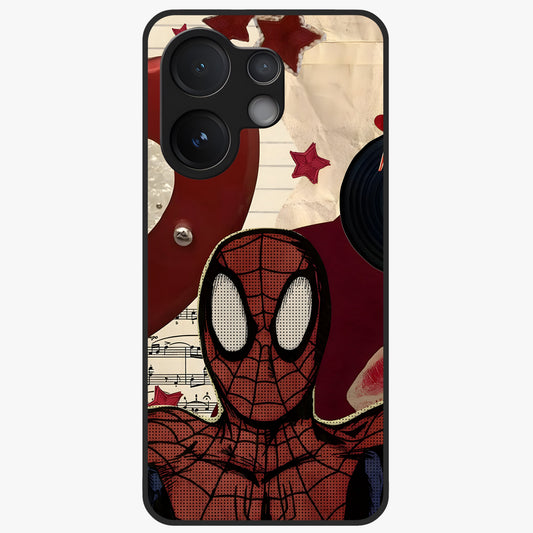 Web Warrior Vibes Glass Case showing flat back view with superhero inspired web themed artwork and glossy glass finish.