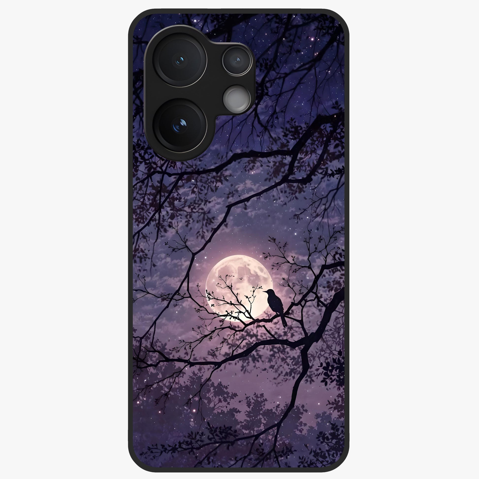 Whispering Moon Silence Glass Case showing flat back view with serene moon themed artwork and glossy glass finish.