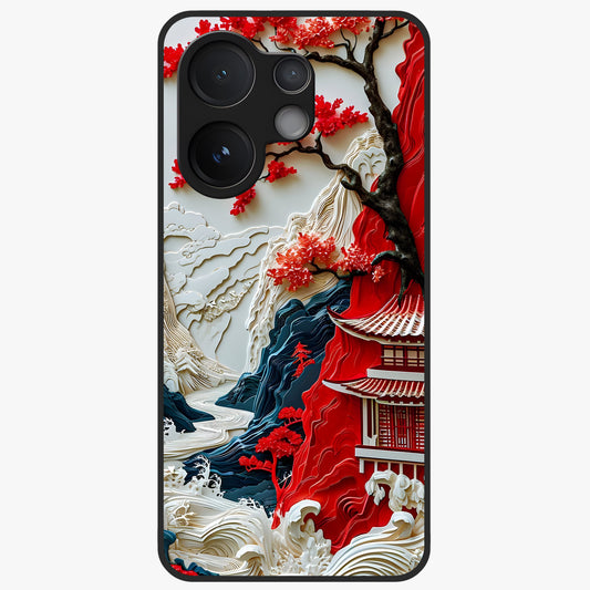 Whispers Of Sakura Waves Glass Case showing flat back view with cherry blossom wave artwork and glossy glass finish.