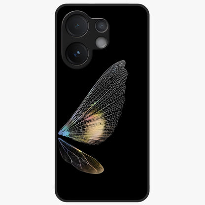 Whispers Of Wings Glass Case showing flat back view with graceful wing inspired artwork and glossy glass finish.