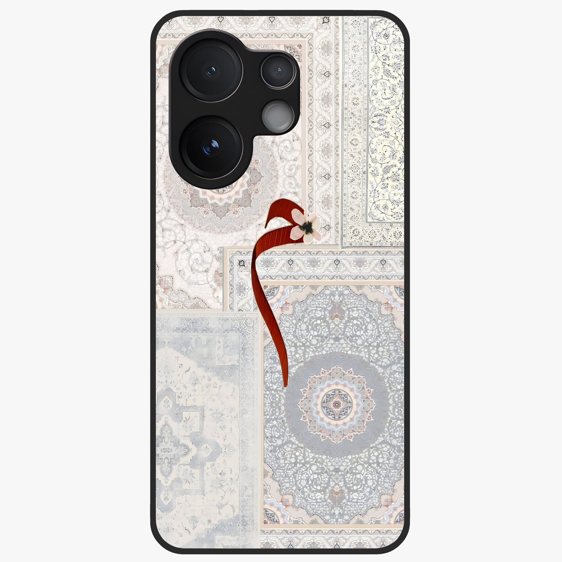 White Aesthetic Bow Glass Case showing flat back view with minimal bow artwork and glossy glass finish.