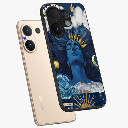 Aesthetic Lord Shiva Glass Case displayed in angled mockup highlighting spiritual Shiva illustration and sacred aesthetic design.