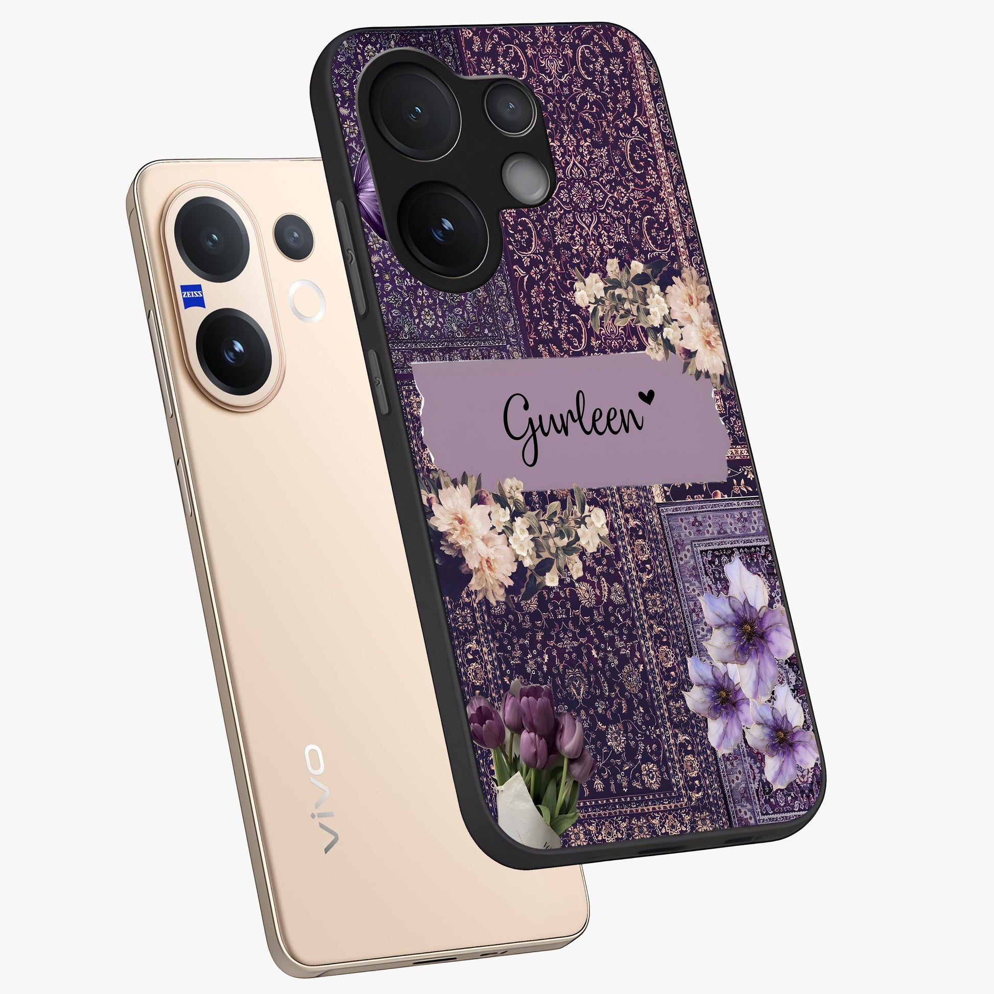 Antique Floral Whisper Custom Name Glass Case displayed in angled mockup highlighting elegant antique floral aesthetic.