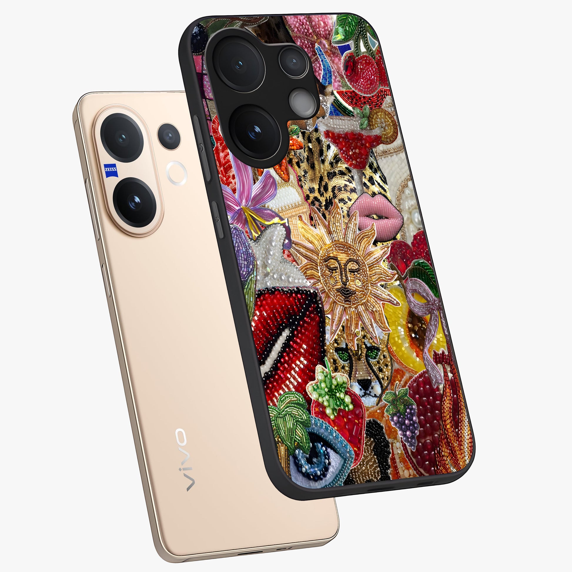 Beaded Fashion Jungle Glass Case displayed in angled mockup highlighting colorful fashion bead design and artistic pattern.