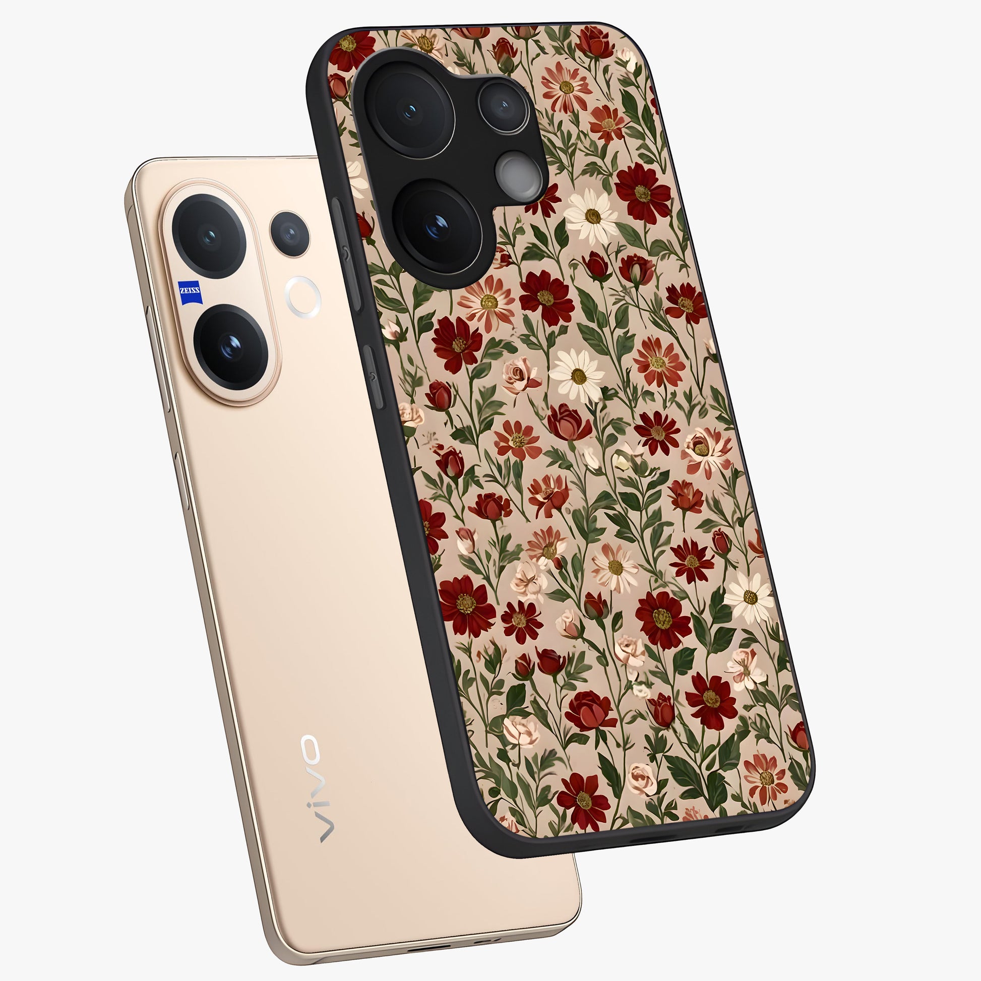 Biege Flower With Leaf Glass Case displayed in angled mockup highlighting minimal floral leaf design and elegant aesthetic.