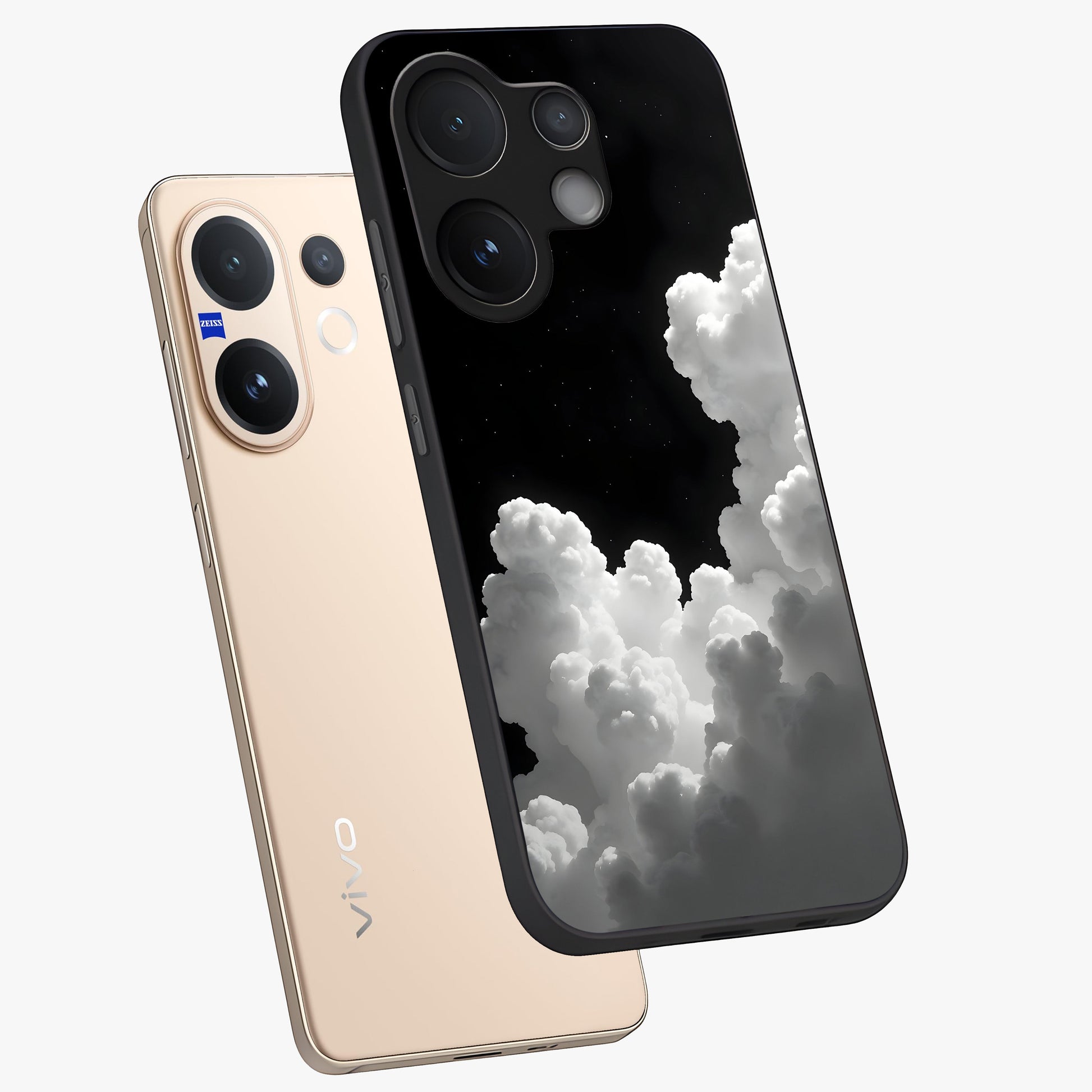 Black Background With White Cloud Glass Case displayed in angled mockup highlighting soft white cloud illustration and minimal design.