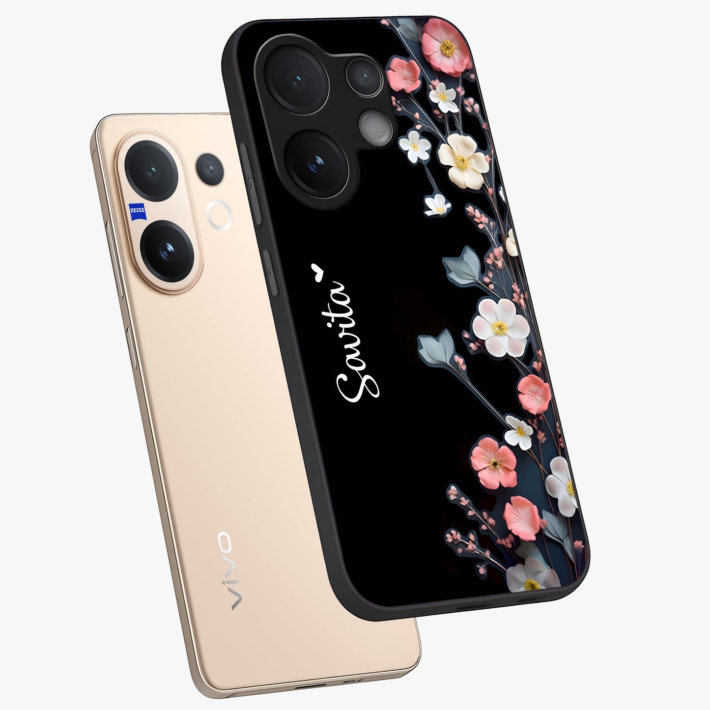 Black Elegance Floral Custom Name Glass Case displayed in angled mockup highlighting dark floral aesthetic and custom name feature.