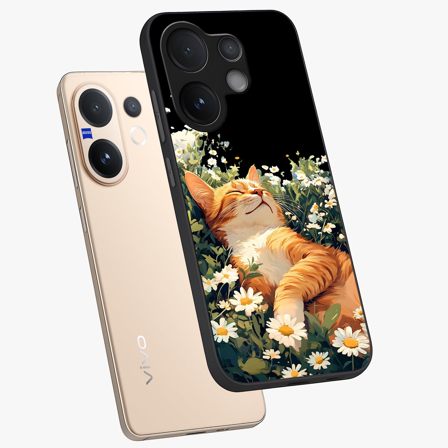 Blissful Bloom Cat Glass Case displayed in angled mockup highlighting playful feline illustration with soft floral aesthetic.