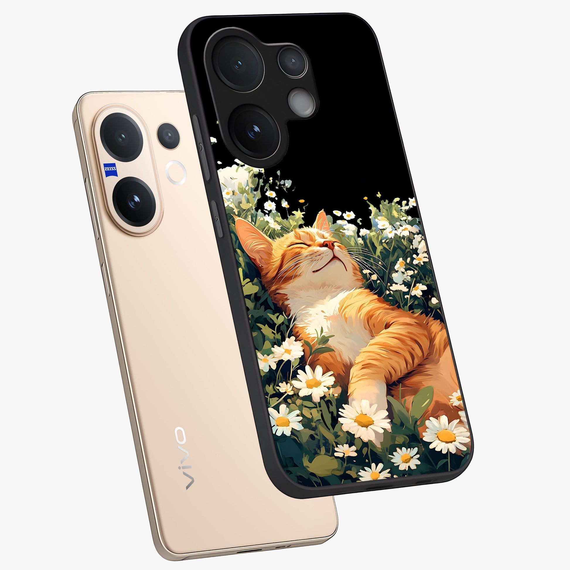 Blissful Bloom Cat Glass Case displayed in angled mockup highlighting playful feline illustration with soft floral aesthetic.
