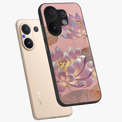 Blossom Mist Lotus Glass Case displayed in angled mockup highlighting delicate lotus illustration with calm aesthetic theme.