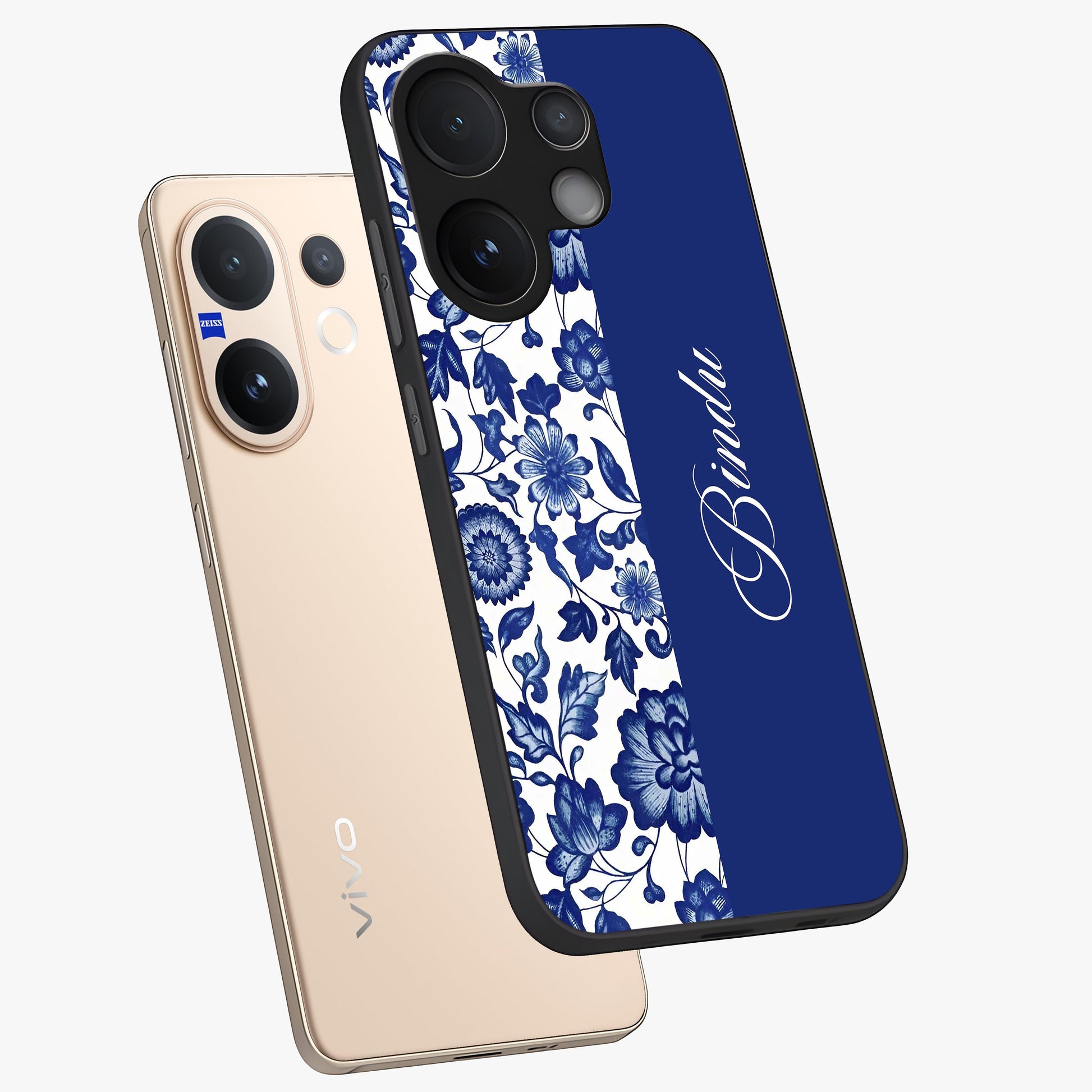 Blue Vintage Floral Pattern Glass Case displayed in angled mockup highlighting subtle bloom pattern with aesthetic pastel design.
