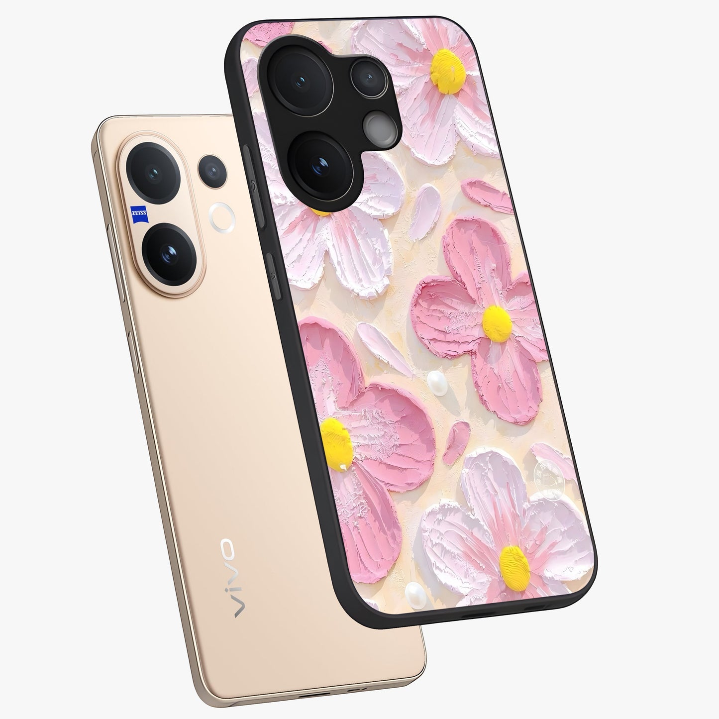 Blush Bloom Texture Glass Case displayed in angled mockup highlighting subtle bloom pattern with aesthetic pastel design.