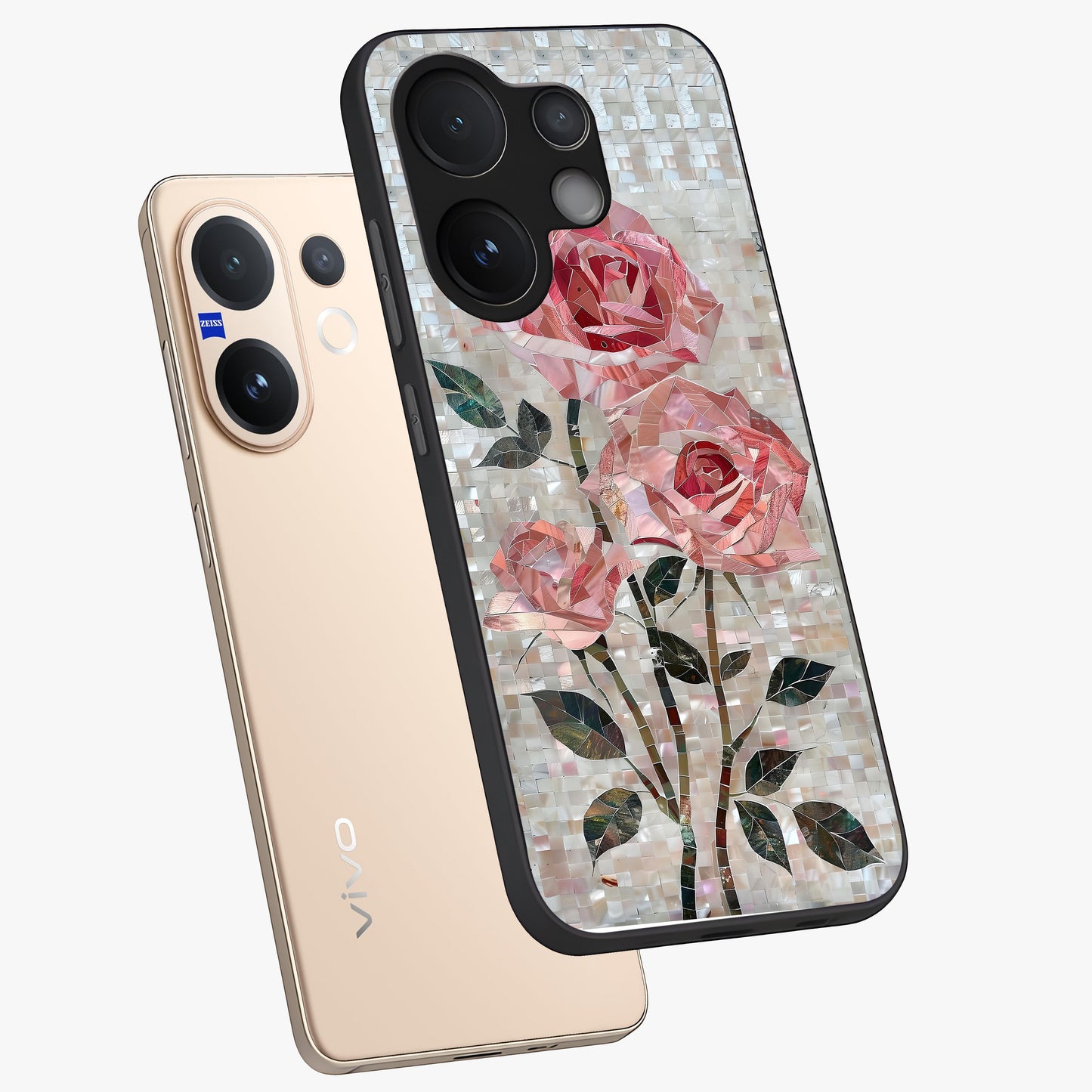 Blush Mosaic Bloom Glass Case displayed in angled mockup highlighting artistic mosaic flower pattern with aesthetic design.