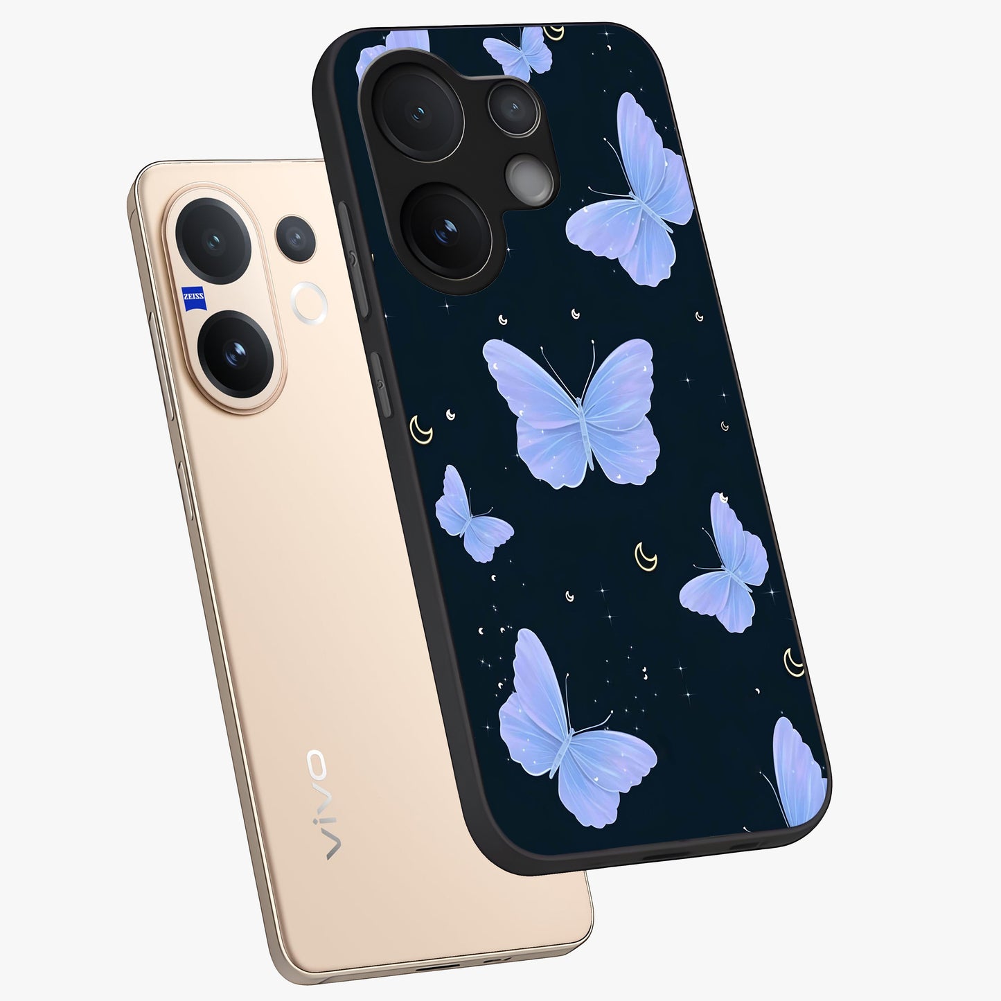 Butterfly With Stars Pattern Glass Case displayed in angled mockup highlighting dreamy butterfly and star design with aesthetic theme.