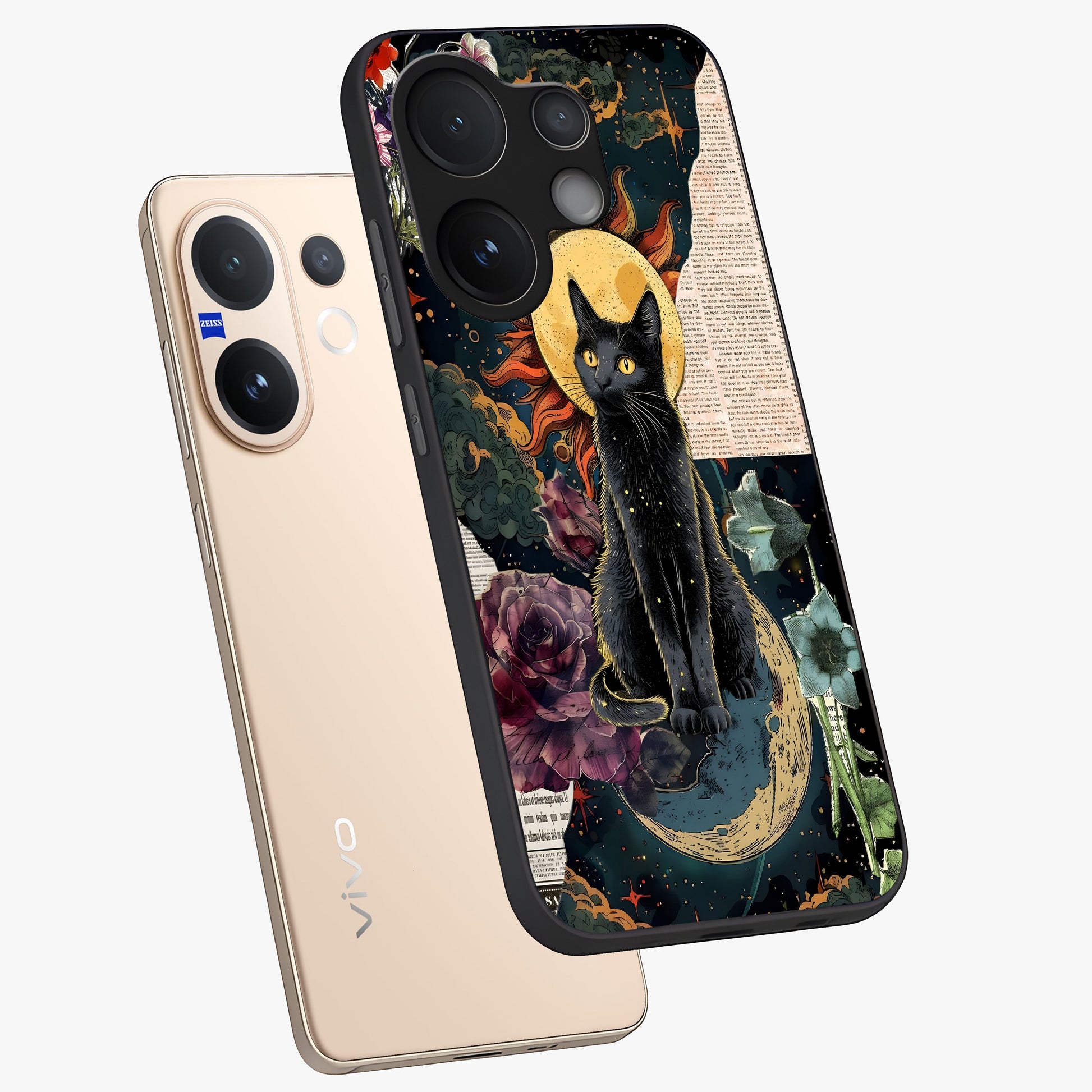 Celestial Black Cat Glass Case displayed in angled mockup highlighting cosmic black cat design with celestial aesthetic.