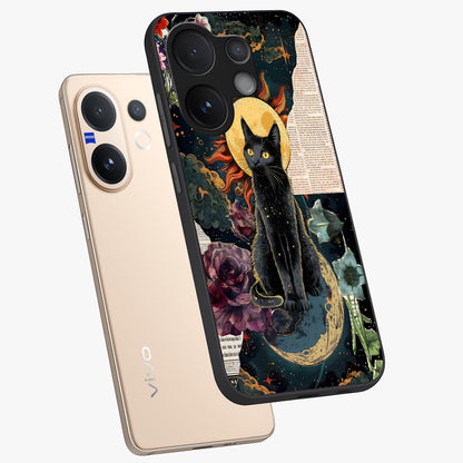 Celestial Black Cat Glass Case displayed in angled mockup highlighting cosmic black cat design with celestial aesthetic.