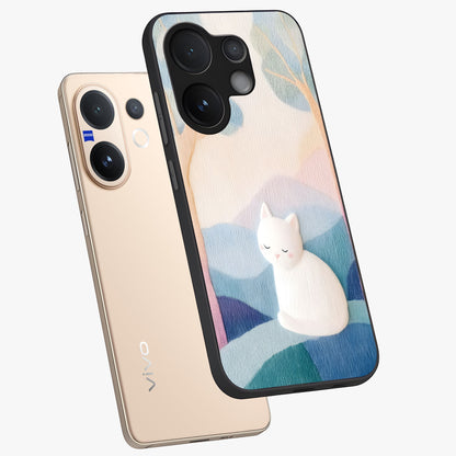 Cotton Dream Cat Glass Case displayed in angled mockup highlighting cute feline illustration with pastel aesthetic style.