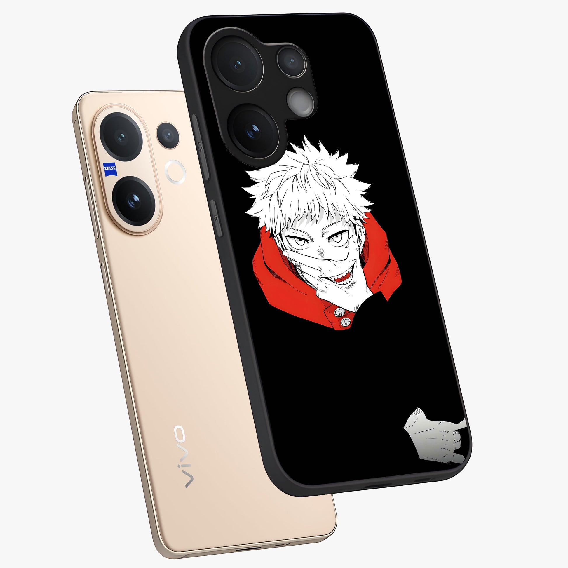 Crimson Chaos Smile Glass Case displayed in angled mockup highlighting edgy crimson smile design with graphic aesthetic.