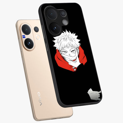 Crimson Chaos Smile Glass Case displayed in angled mockup highlighting edgy crimson smile design with graphic aesthetic.