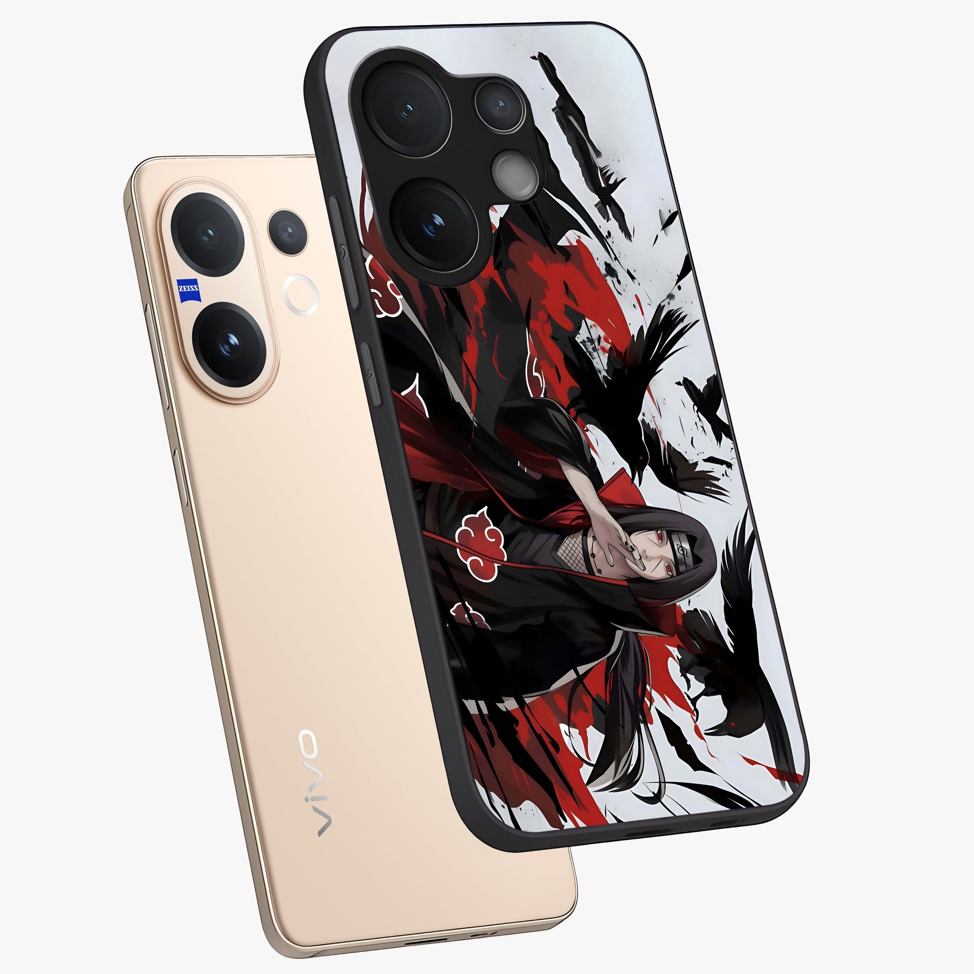 Crimson Crow Illusion Glass Case displayed in angled mockup highlighting mysterious crow graphic with dark aesthetic style.