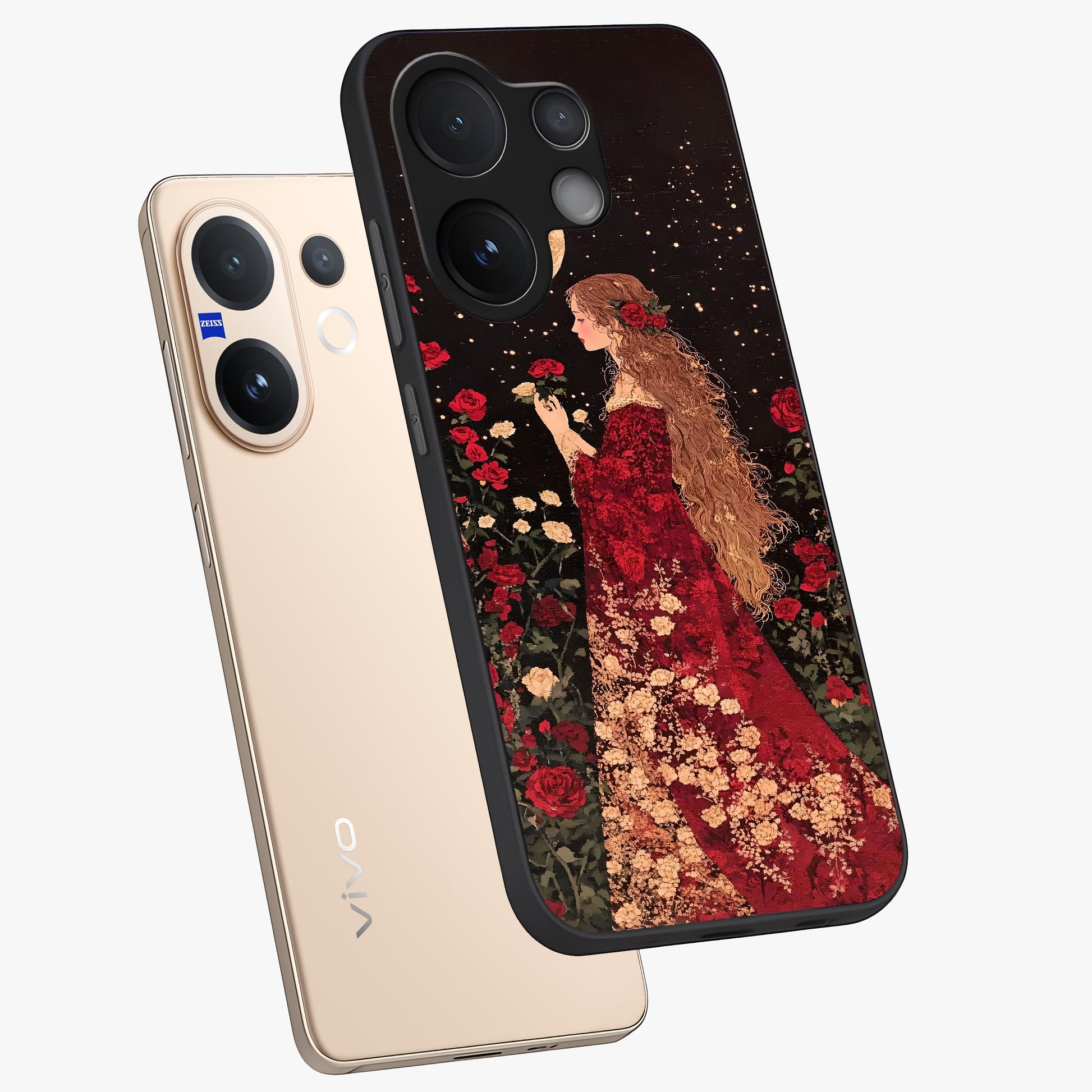 Crimson Dreams Glass Case displayed in angled mockup highlighting soft crimson aesthetic design with artistic theme.