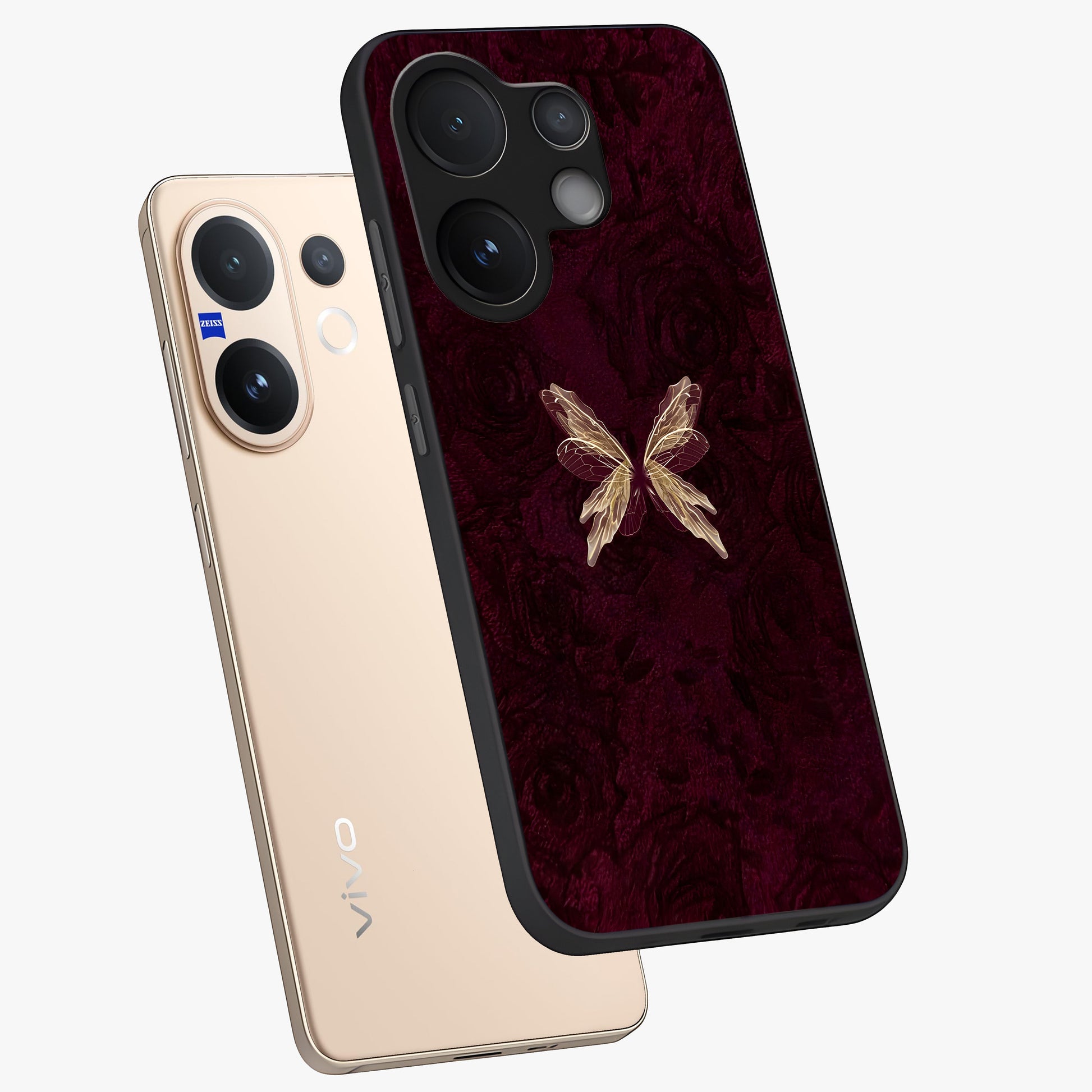 Crimson Fade Butterfly Glass Case displayed in angled mockup highlighting elegant butterfly design with crimson gradient aesthetic.