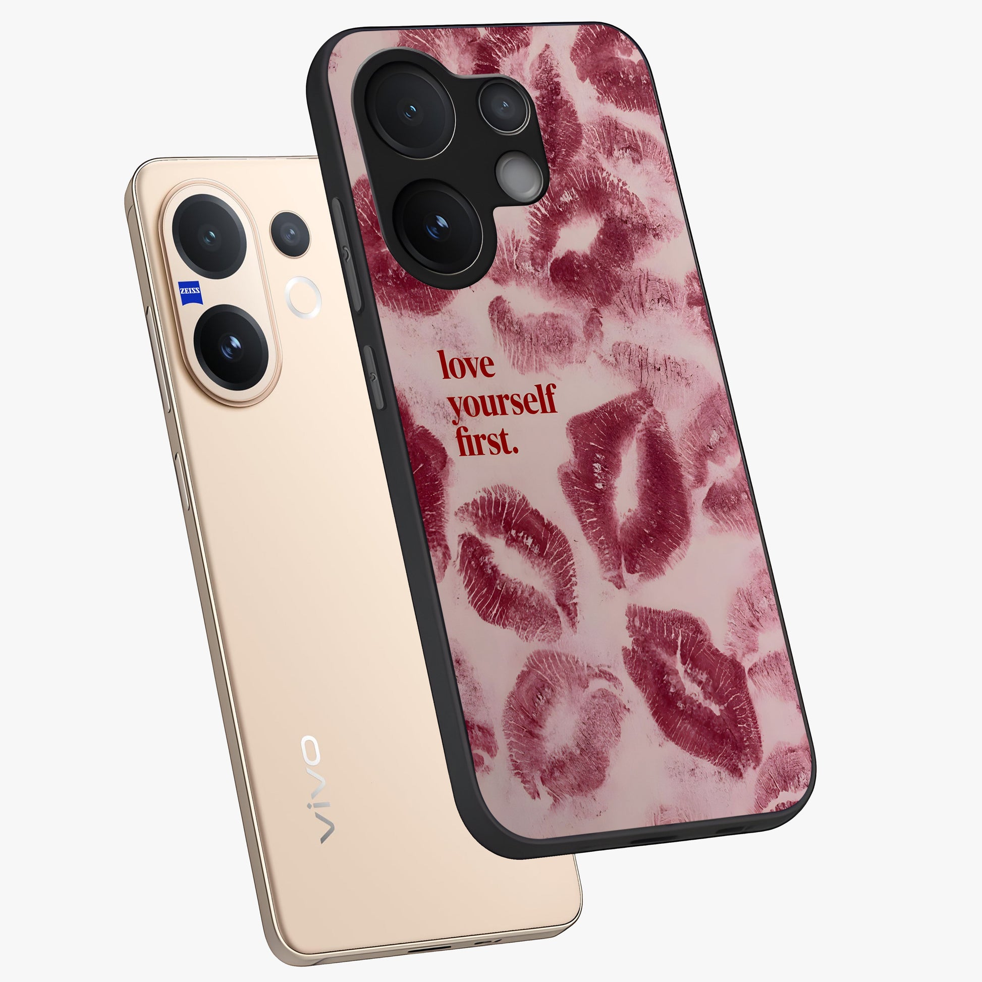Crimson Kiss Love Glass Case displayed in angled mockup highlighting bold love inspired design with modern aesthetic style.