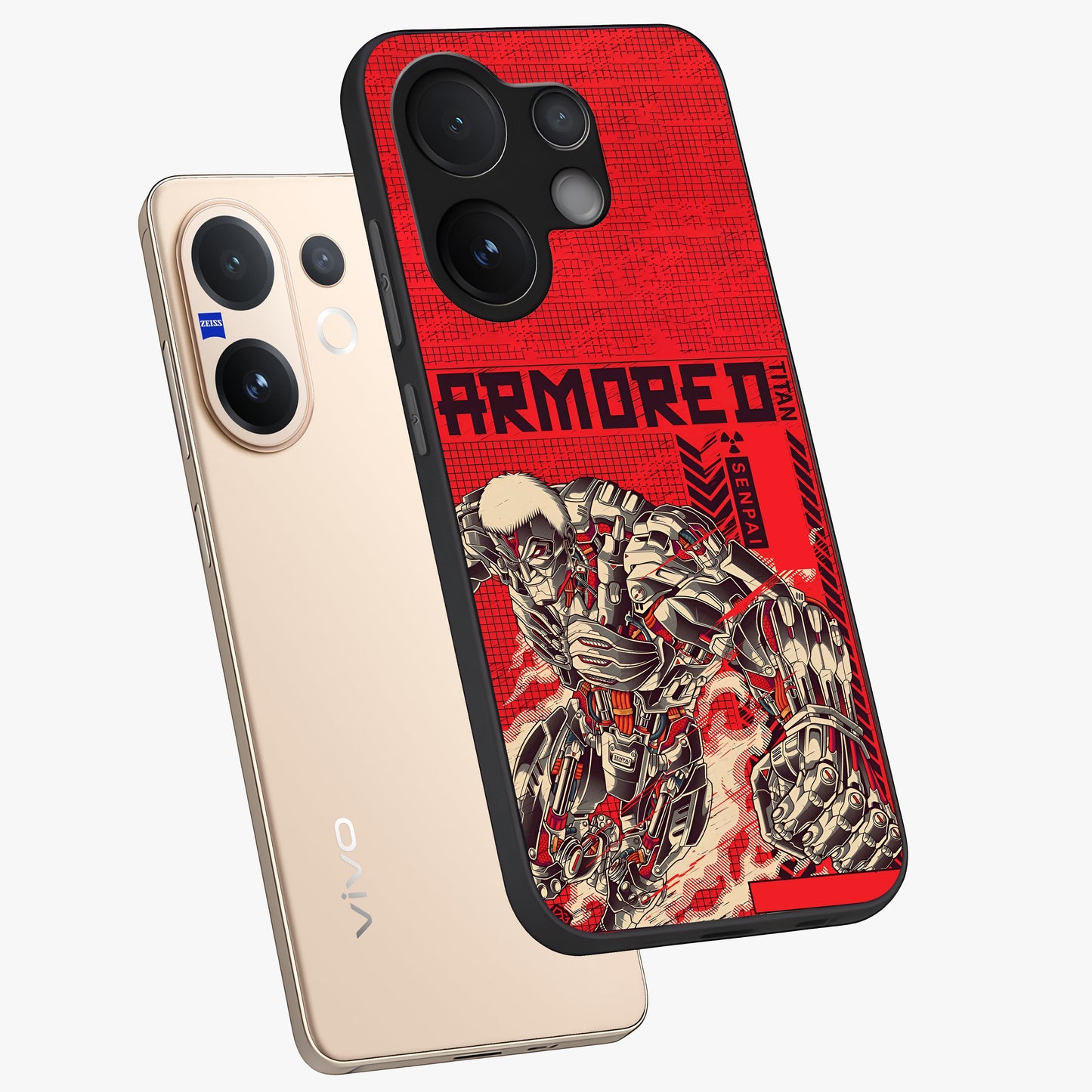 Crimson Mecha Titan Glass Case displayed in angled mockup highlighting futuristic mech illustration with bold crimson aesthetic.