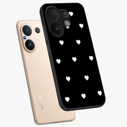 Cute And Simple White Hearts Glass Case displayed in angled mockup highlighting cute heart design with clean aesthetic style.