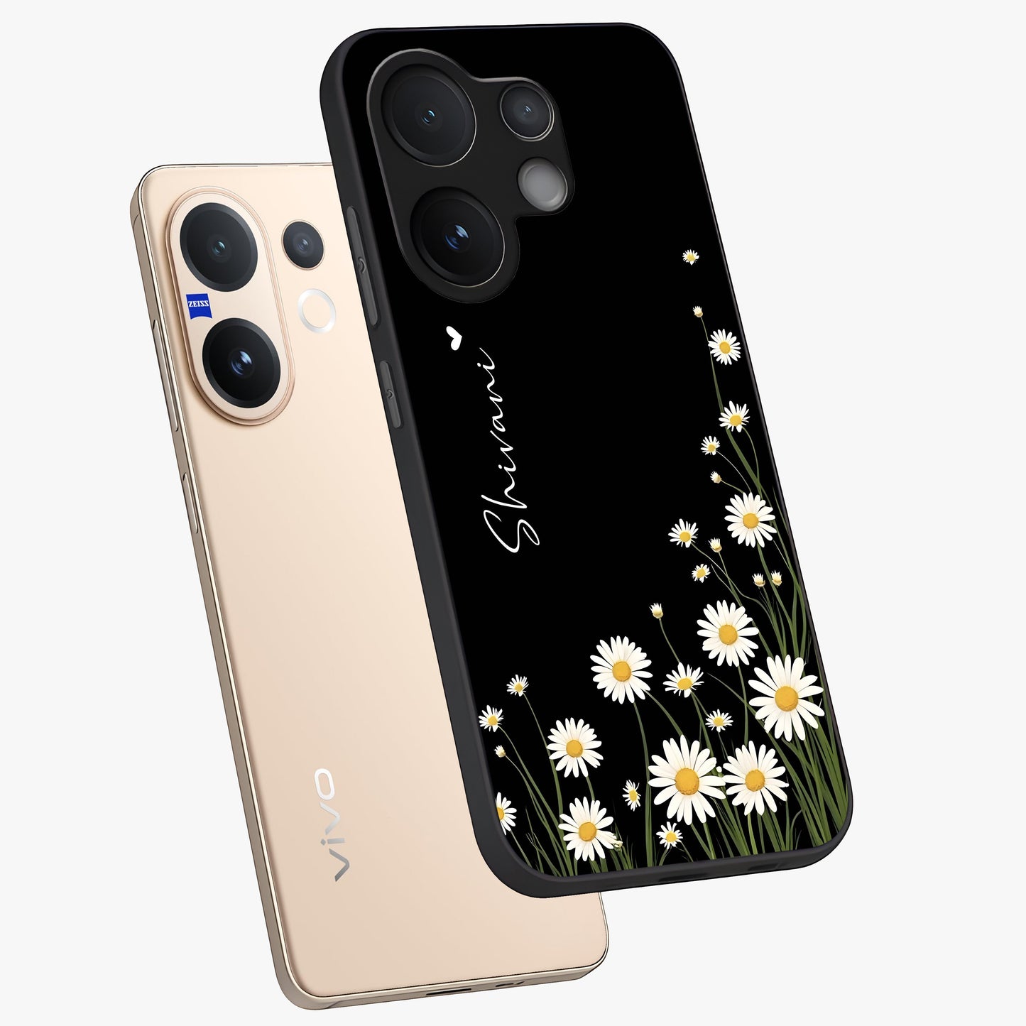 Daisy Cascade Custom Name Glass Case displayed in angled mockup highlighting delicate daisy artwork with custom name feature.
