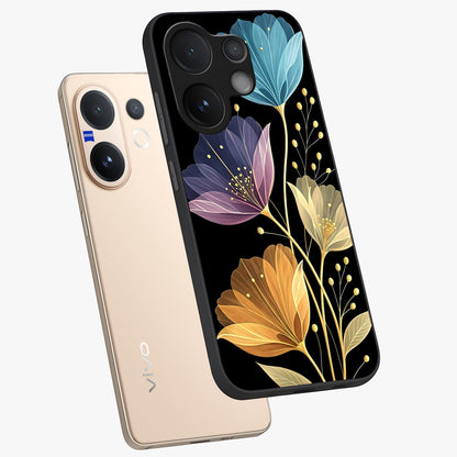 Delicate Multicolor Flowers Glass Case displayed in angled mockup highlighting colorful flower pattern with soft aesthetic style.