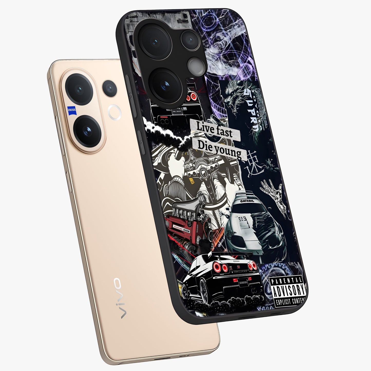Die Young Glass Case displayed in angled mockup highlighting expressive graphic artwork with edgy aesthetic style.