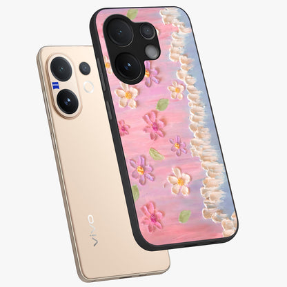Dreamy Painted Garden Glass Case displayed in angled mockup highlighting colorful garden illustration with dreamy aesthetic style.