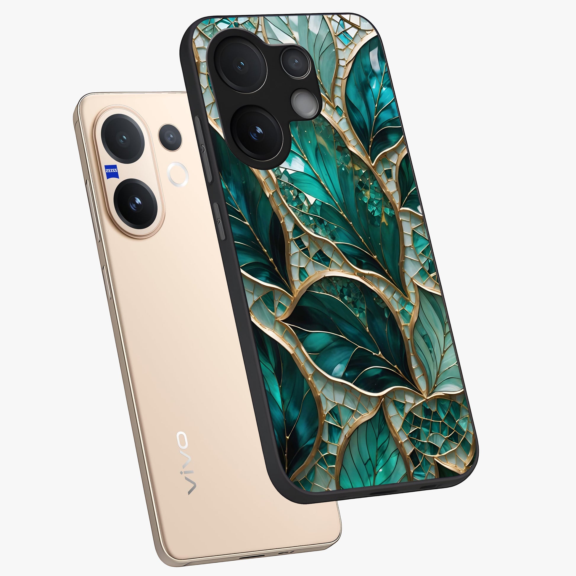 Emerald Leaf Glass Glass Case displayed in angled mockup highlighting botanical leaf illustration with elegant natural aesthetic.
